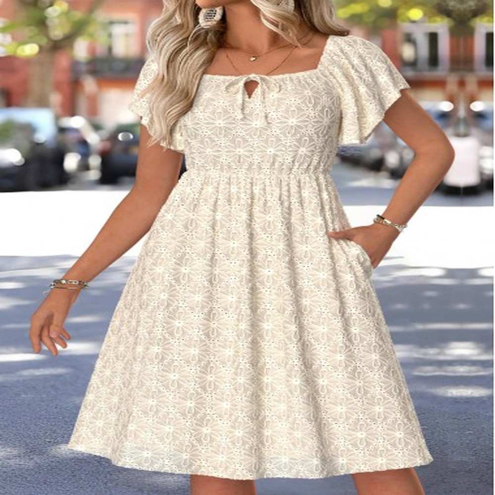 modlily beige tummy coverage short sleeve square neck dress