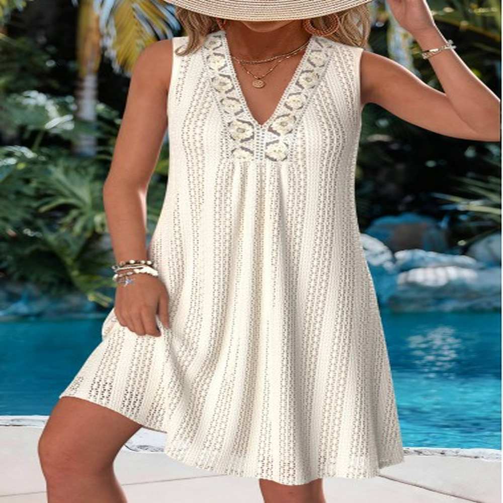 modlily beige tummy coverage short sleeveless v neck dress