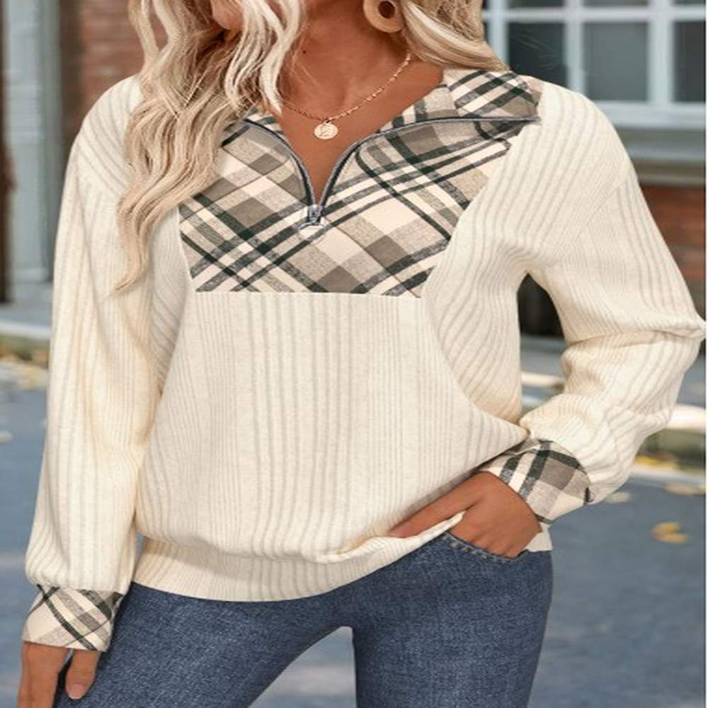 modlily beige zipper plaid long sleeve sweatshirt xxl