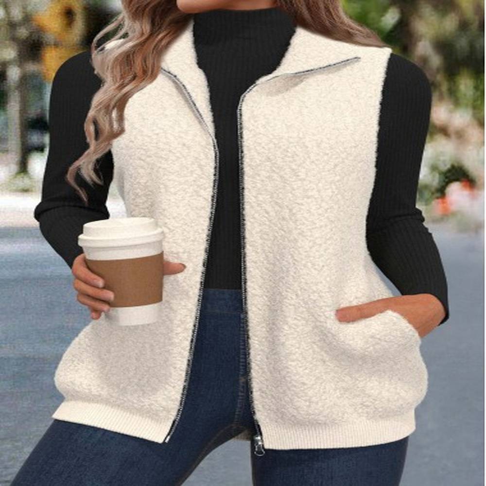 modlily beige zipper sleeveless stand collar waistcoat l