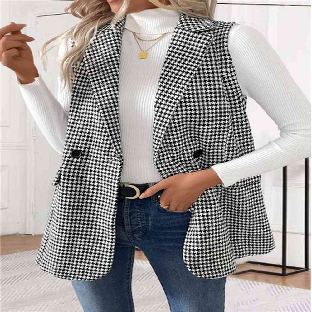 modlily black button geometric print sleeveless turn down collar waistcoat
