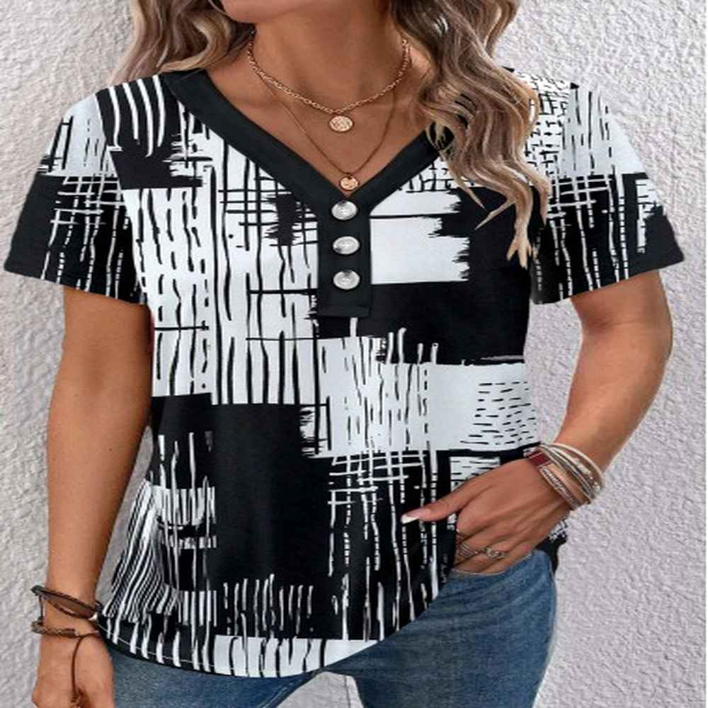 modlily black button graffiti print short sleeve v neck blouse