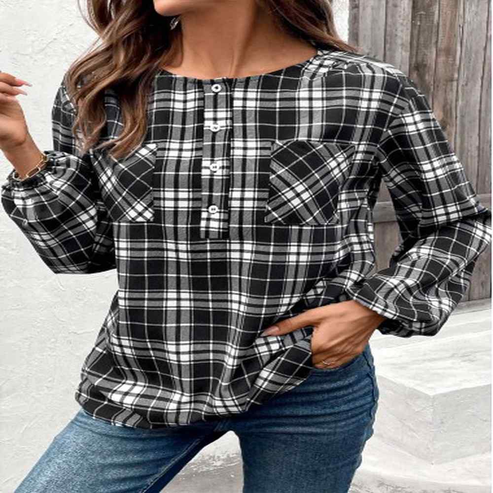 modlily black button plaid long sleeve round neck blouse