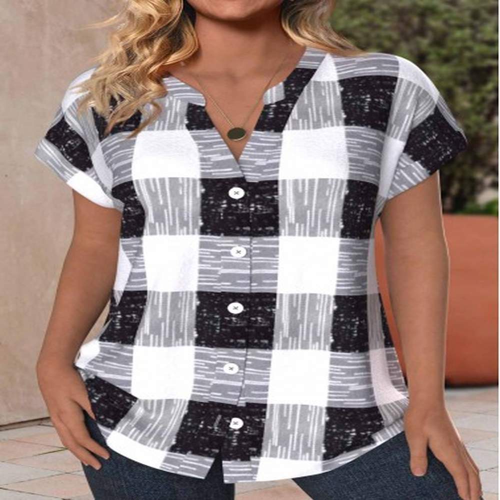 modlily black button plaid short sleeve v neck blouse
