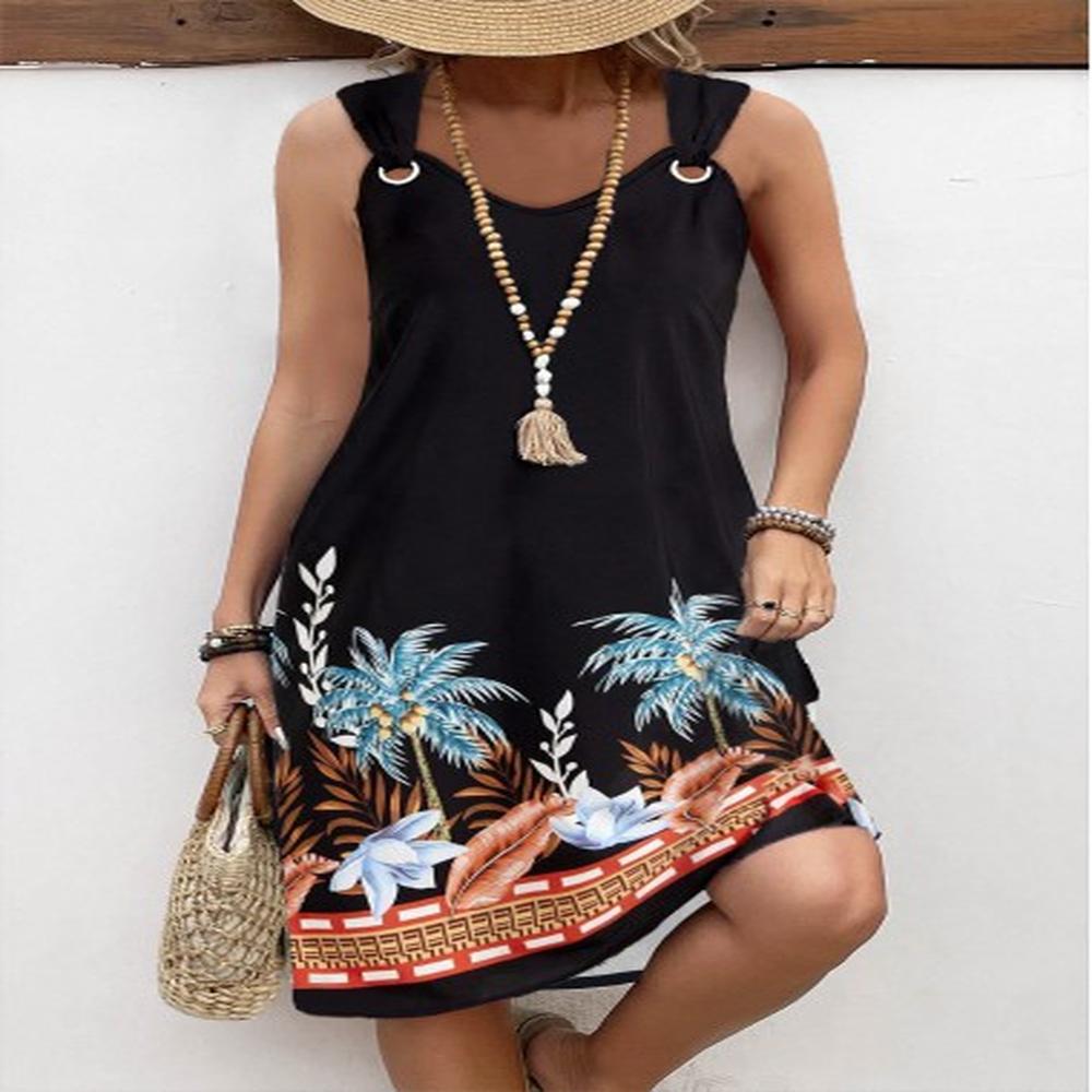 modlily black circular ring leaf print a line sleeveless dress