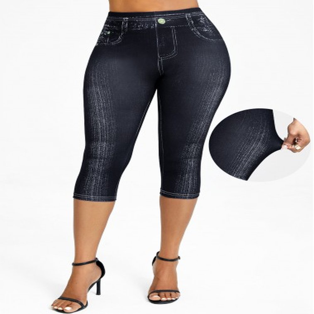 modlily black denimeffect print high waisted capri elastic waist leggings