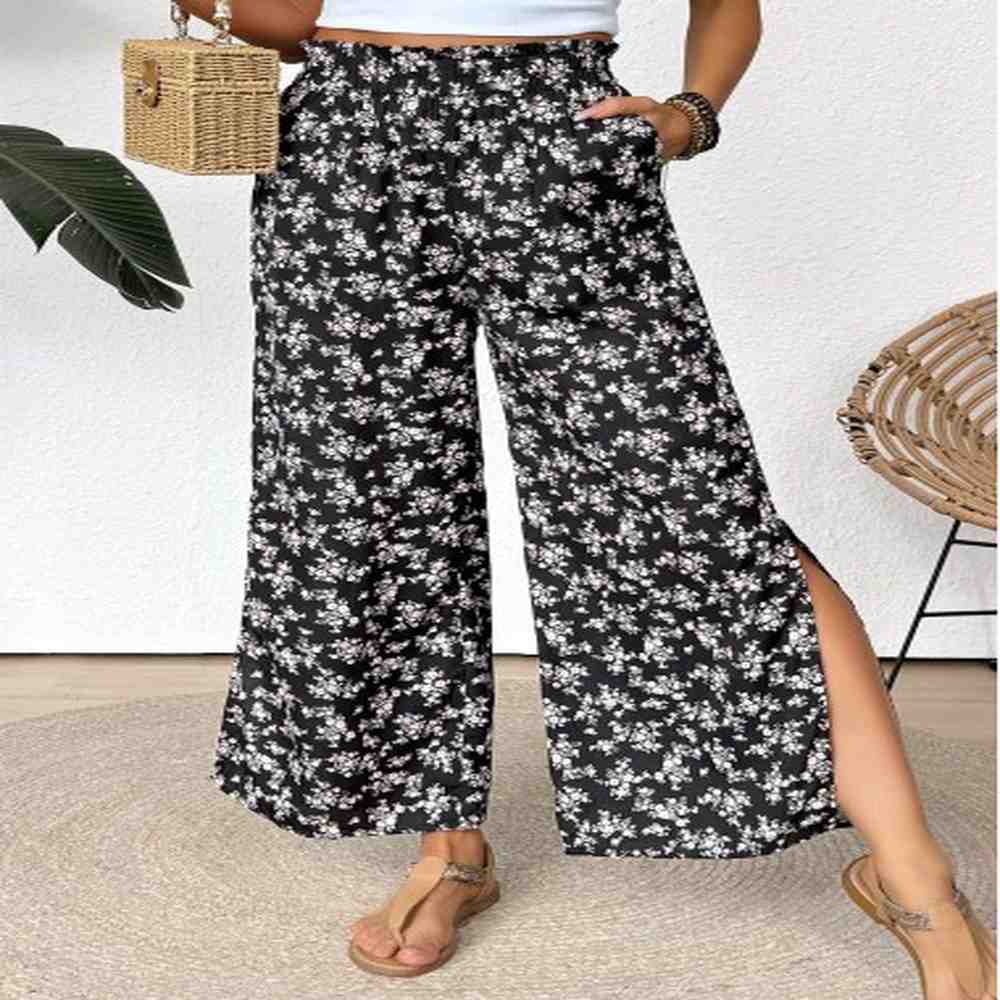 modlily black ditsy floral print wide leg elastic waist pants
