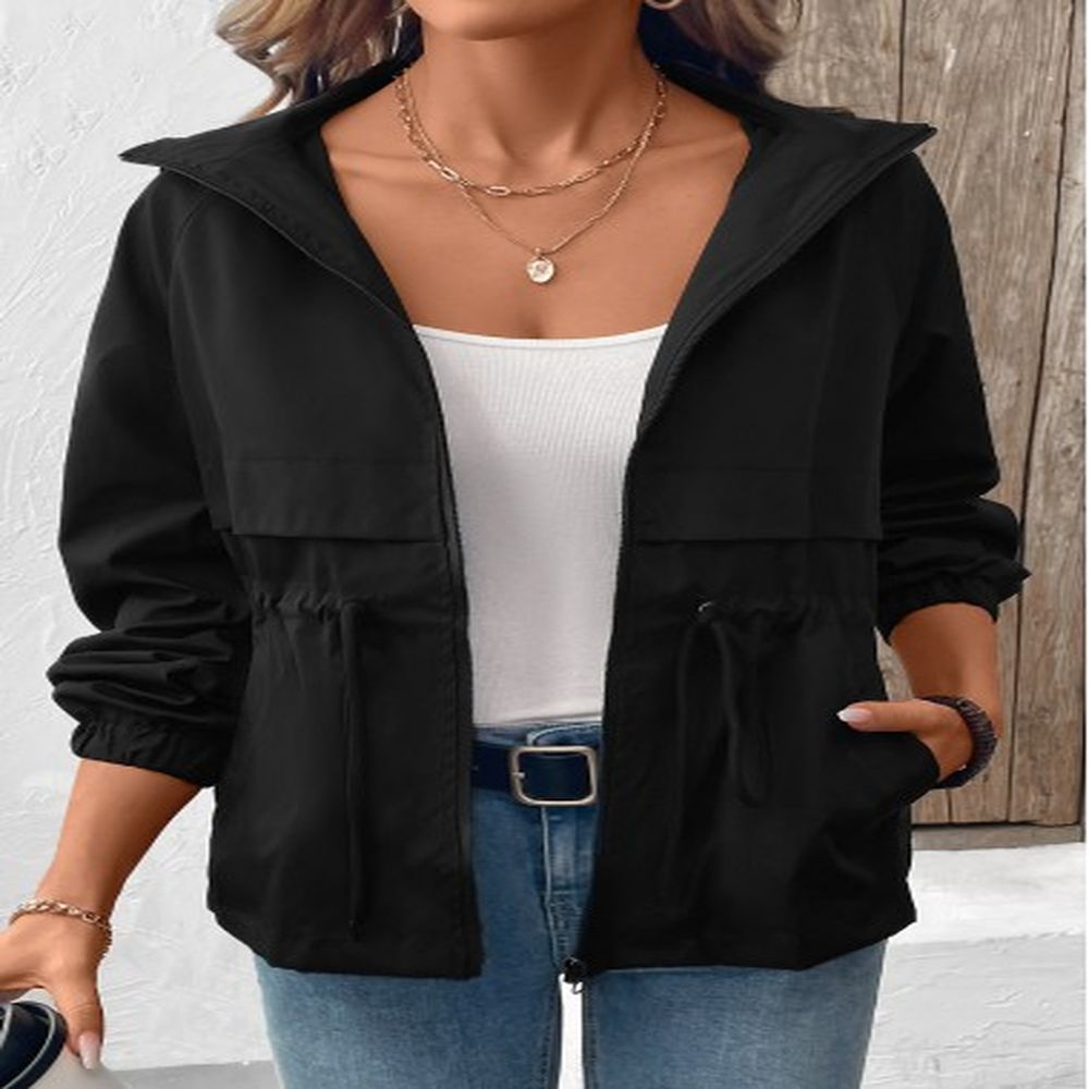 modlily black drawstring long sleeve hooded coat xl