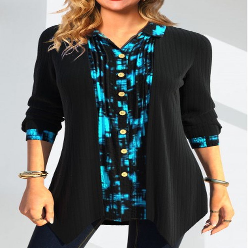 modlily black fake in geometric print long sleeve blouse