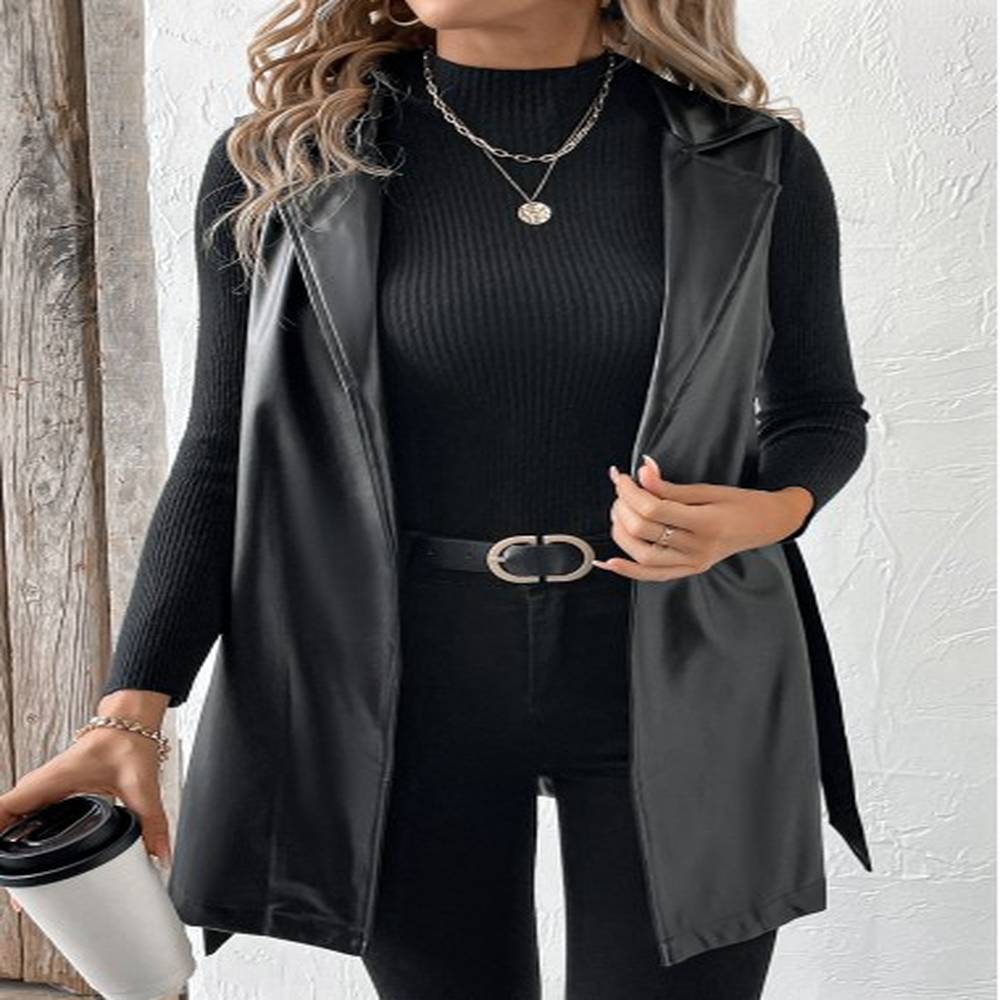 modlily black faux leather sleeveless lapel waistcoat m