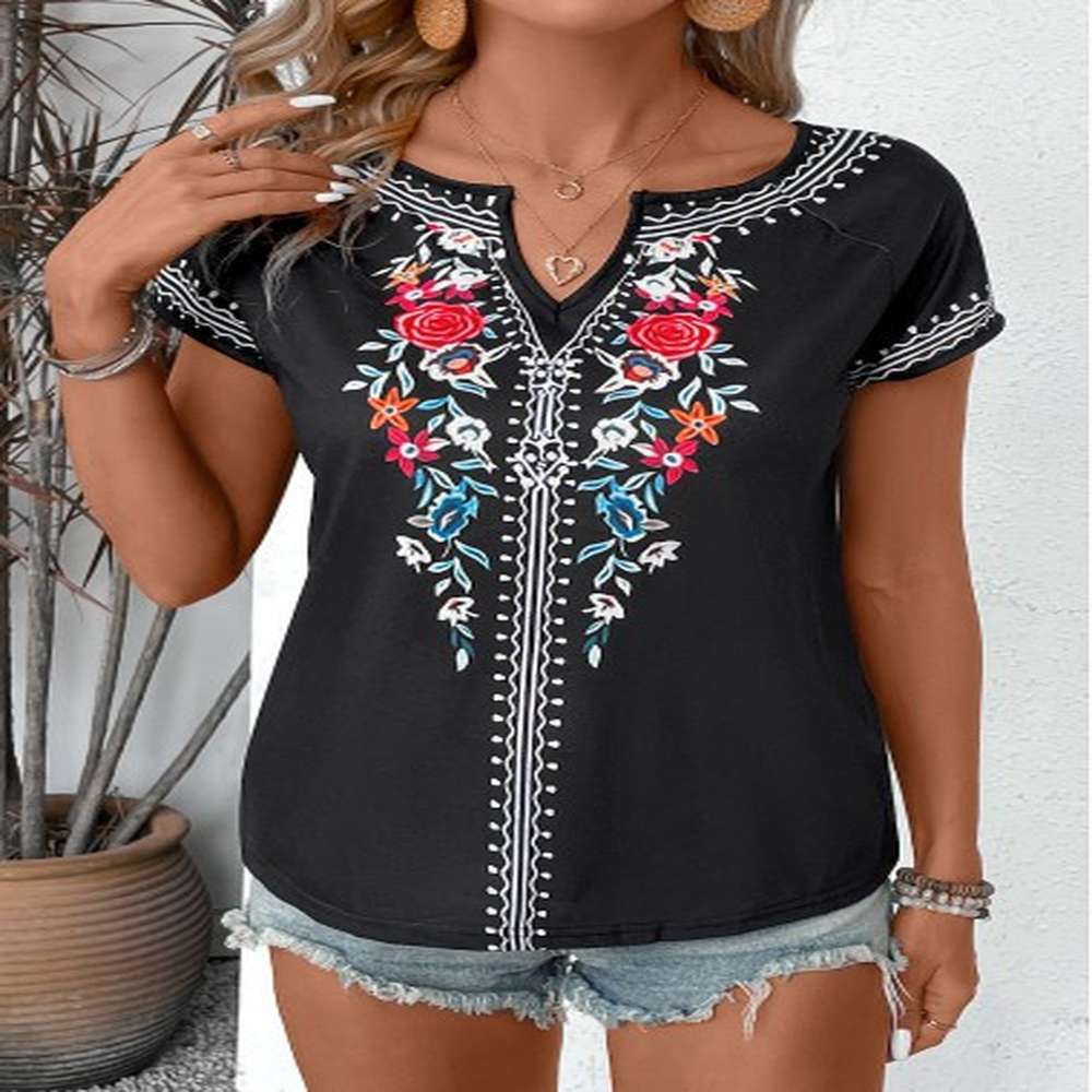 modlily black floral print short sleeve split neck t shirt