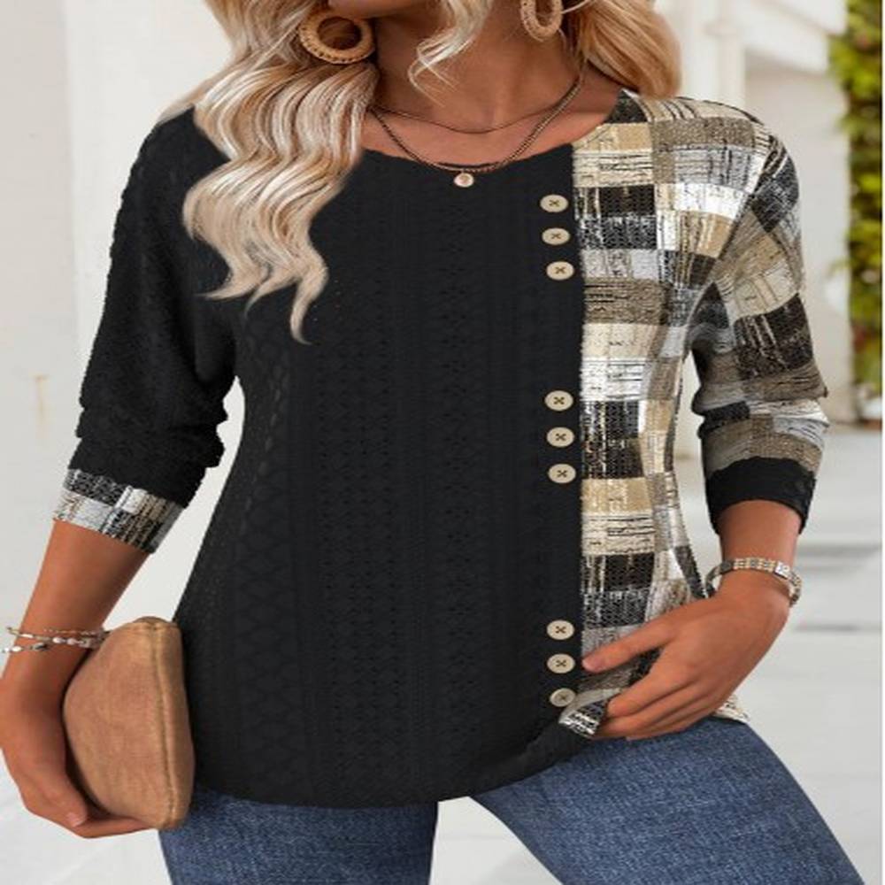 modlily black geometric print long sleeve round neck t shirt
