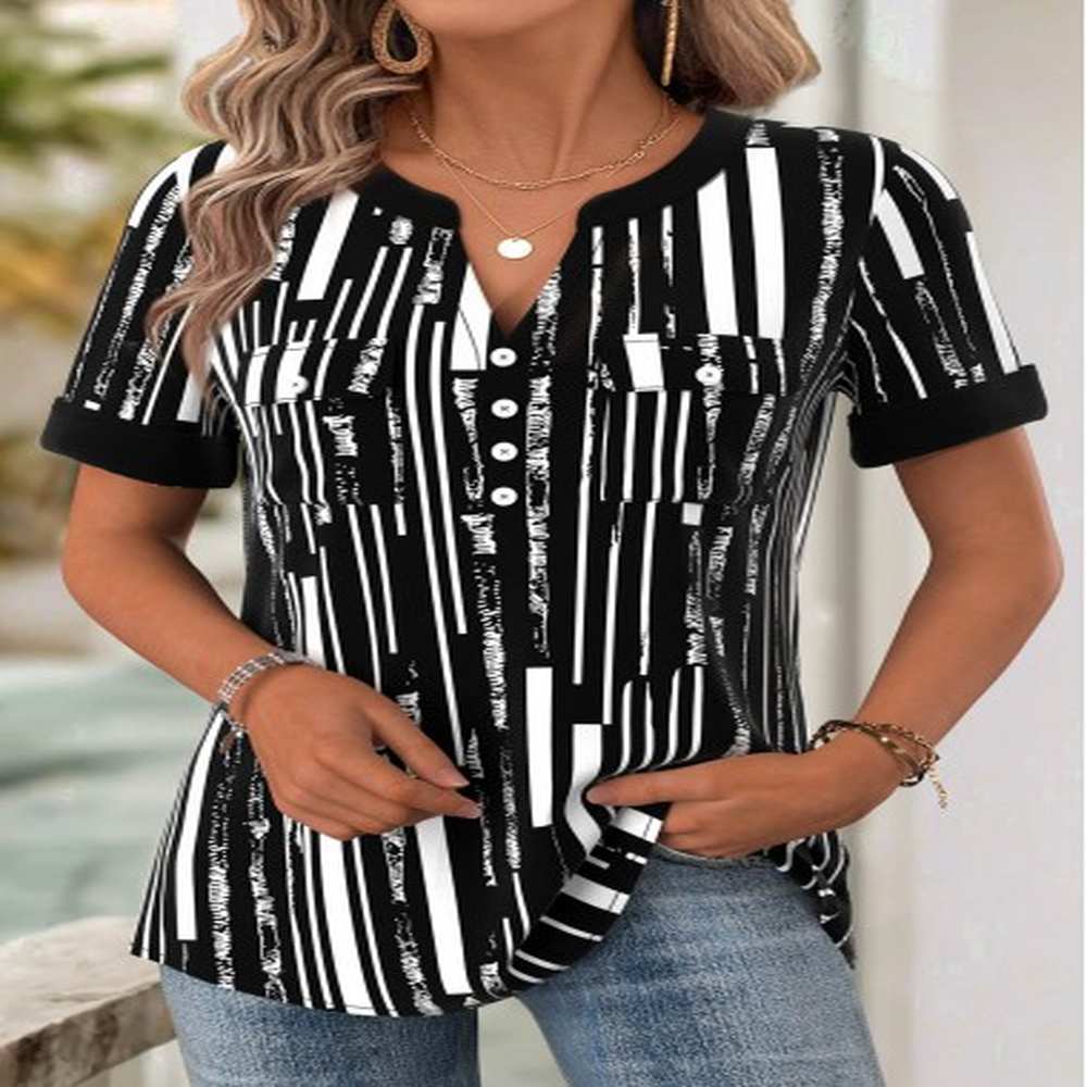 modlily black geometric print short sleeve split neck blouse