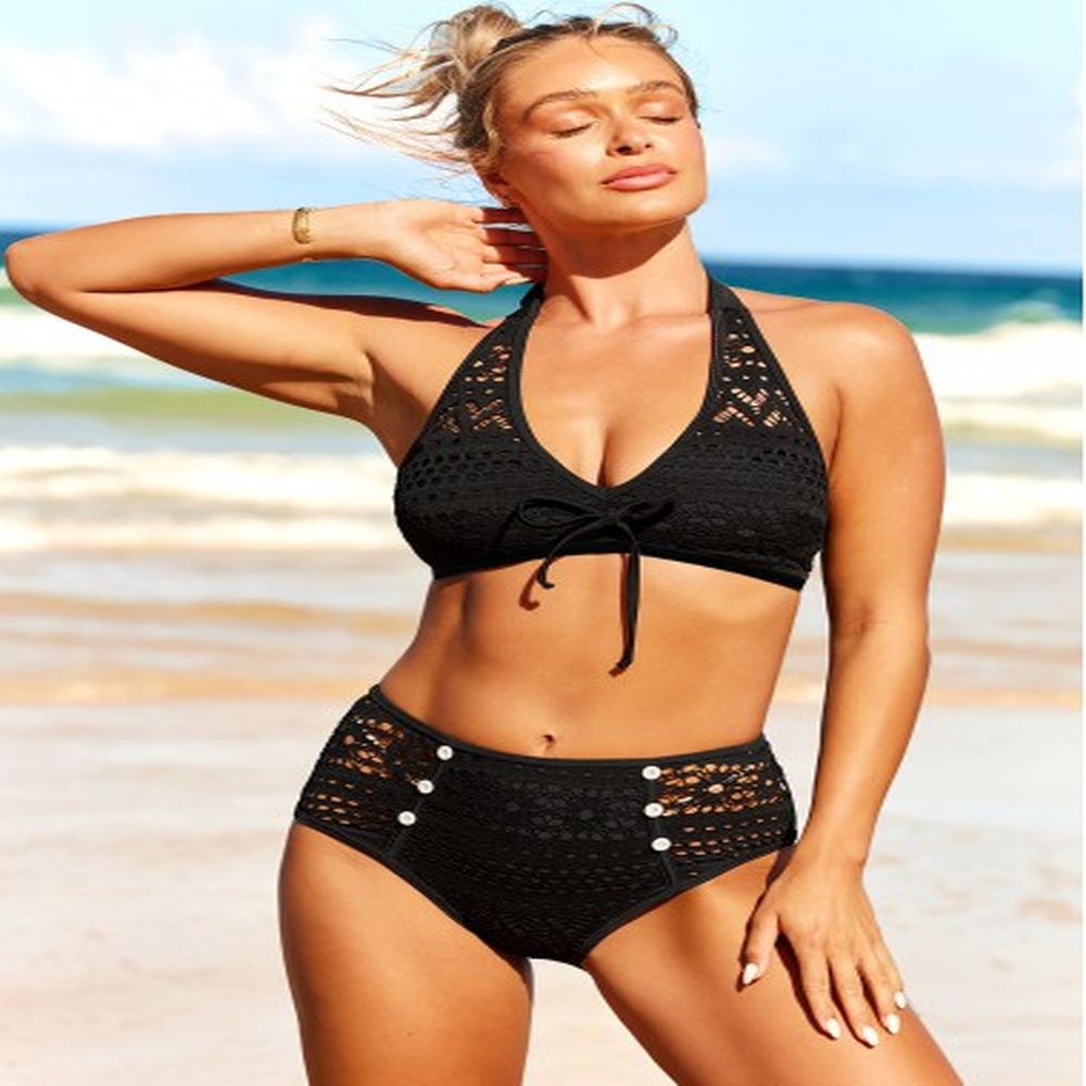 modlily black lace patchwork decorative button bikini set xl