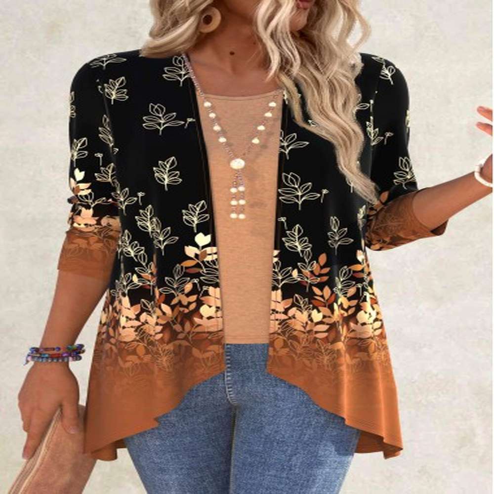 modlily black leaf print long sleeve light cardigan xl