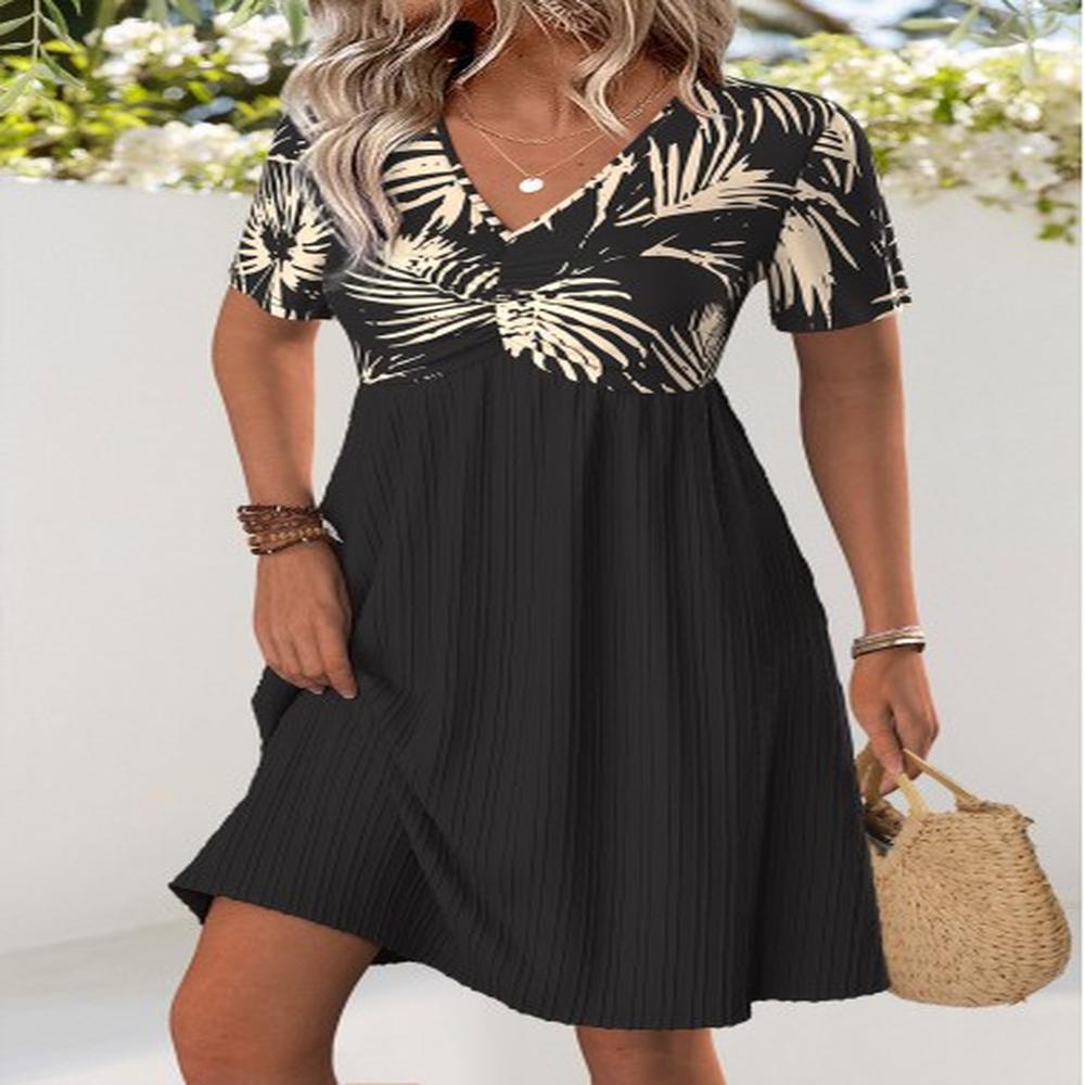 modlily black leaf print short v neck dress s
