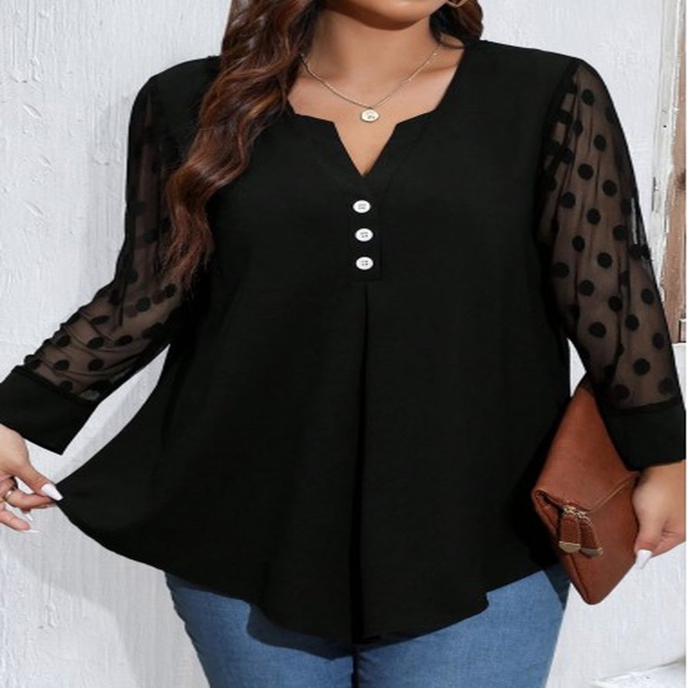 modlily black mesh plus size long sleeve split neck blouse