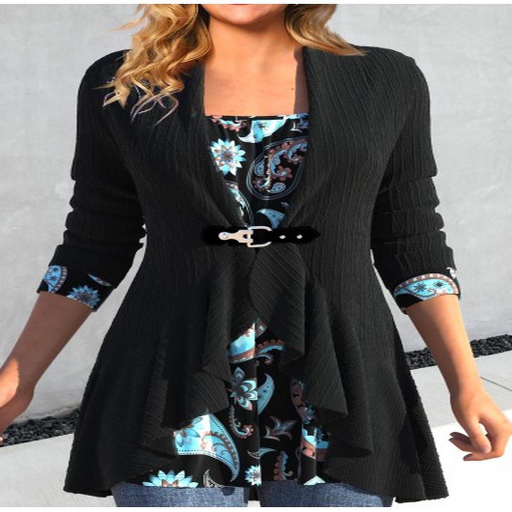 modlily black paisley print long sleeve fake two piece twinset