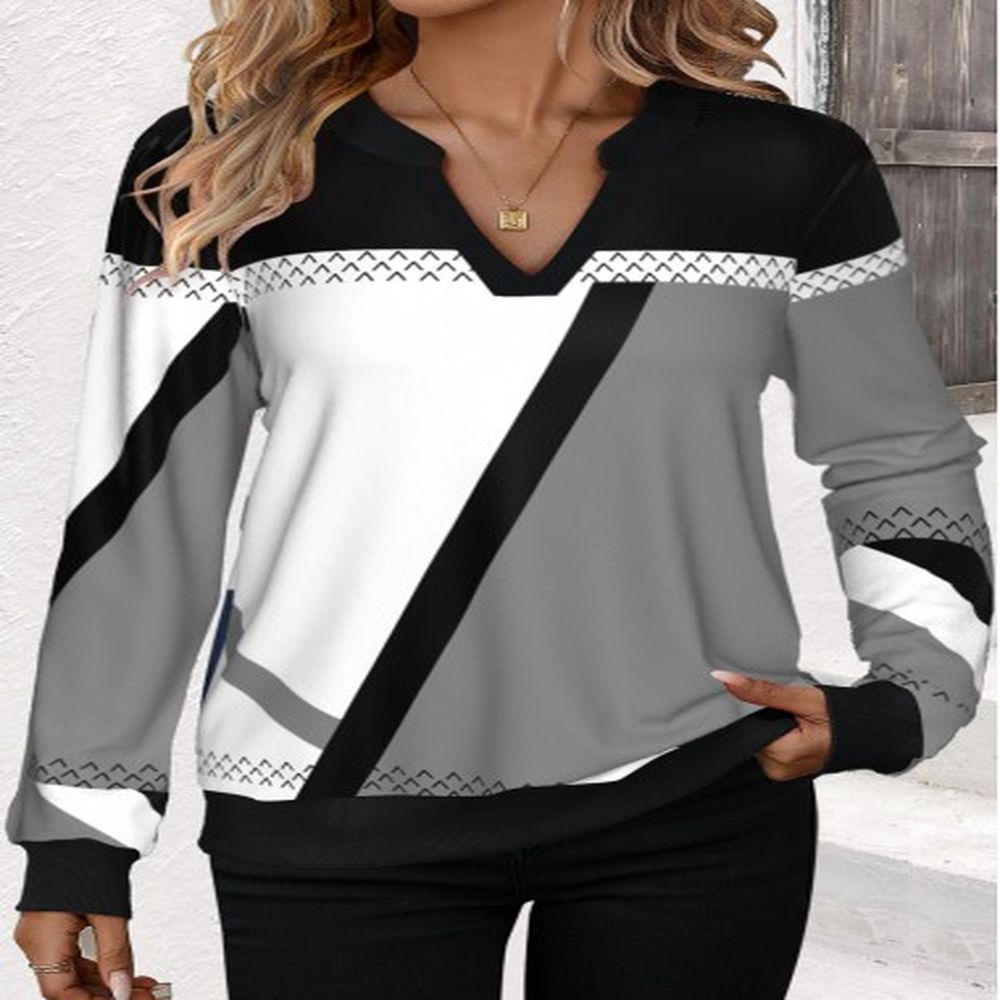 modlily black patchwork geometric print split neck sweatshirt l