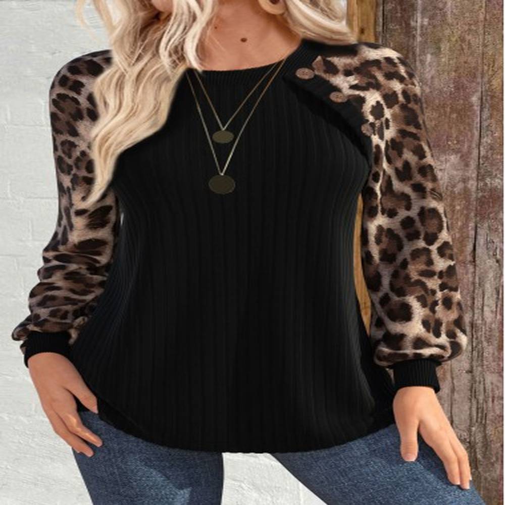 modlily black patchwork leopard long sleeve round neck sweatshirt