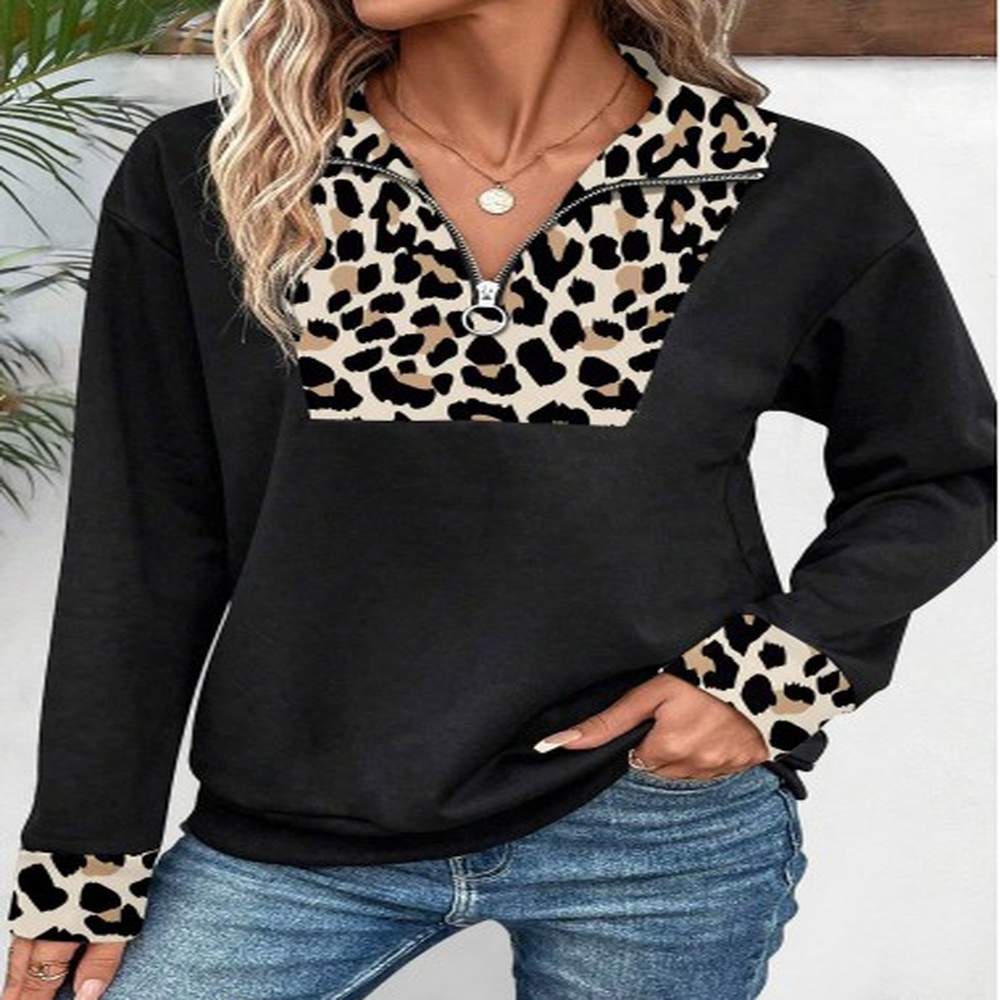 modlily black patchwork leopard long sleeve turn down collar sweatshirt