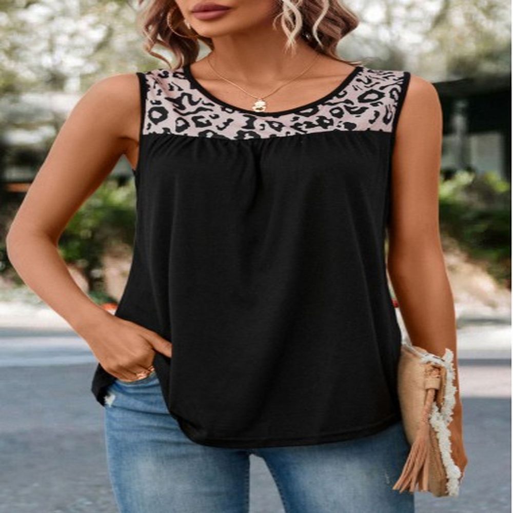 modlily black patchwork leopard round neck tank top xl