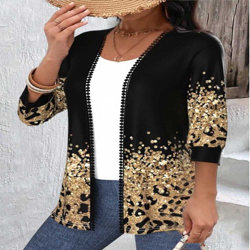 modlily black patchwork leopard sleeve round neck light cardigan