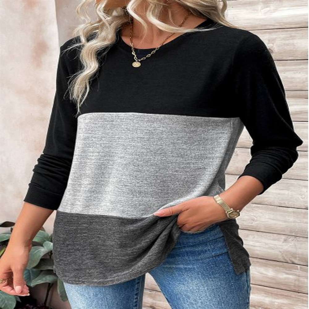 modlily black patchwork long sleeve round neck t shirt