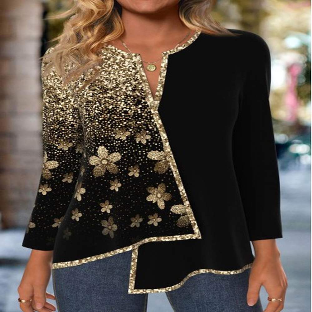 modlily black patchwork ombre long sleeve split neck blouse