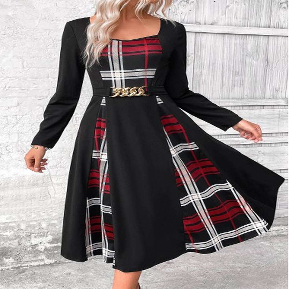 modlily black patchwork plaid belted long sleeve square neck dress