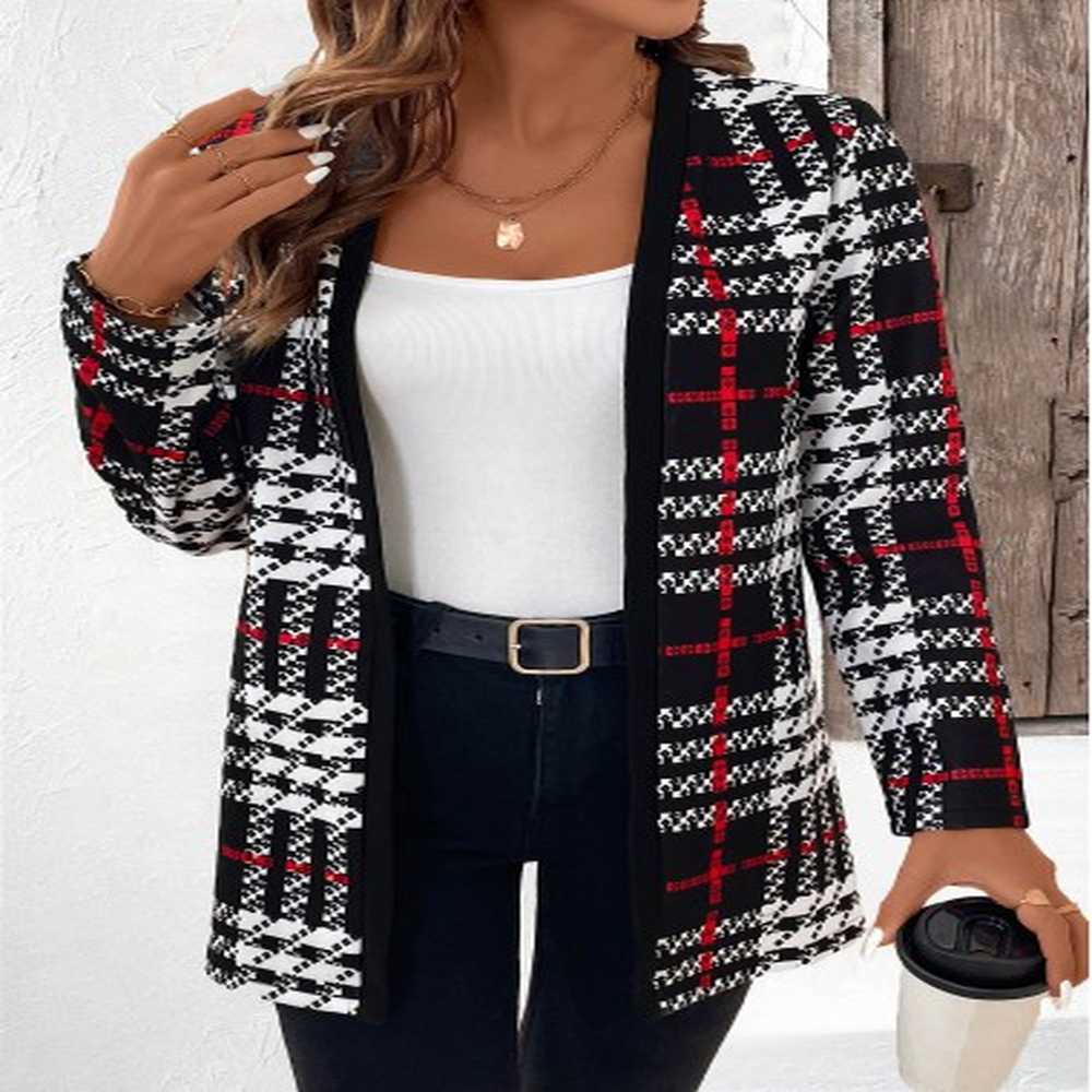 modlily black patchwork plaid long sleeve coat xxl