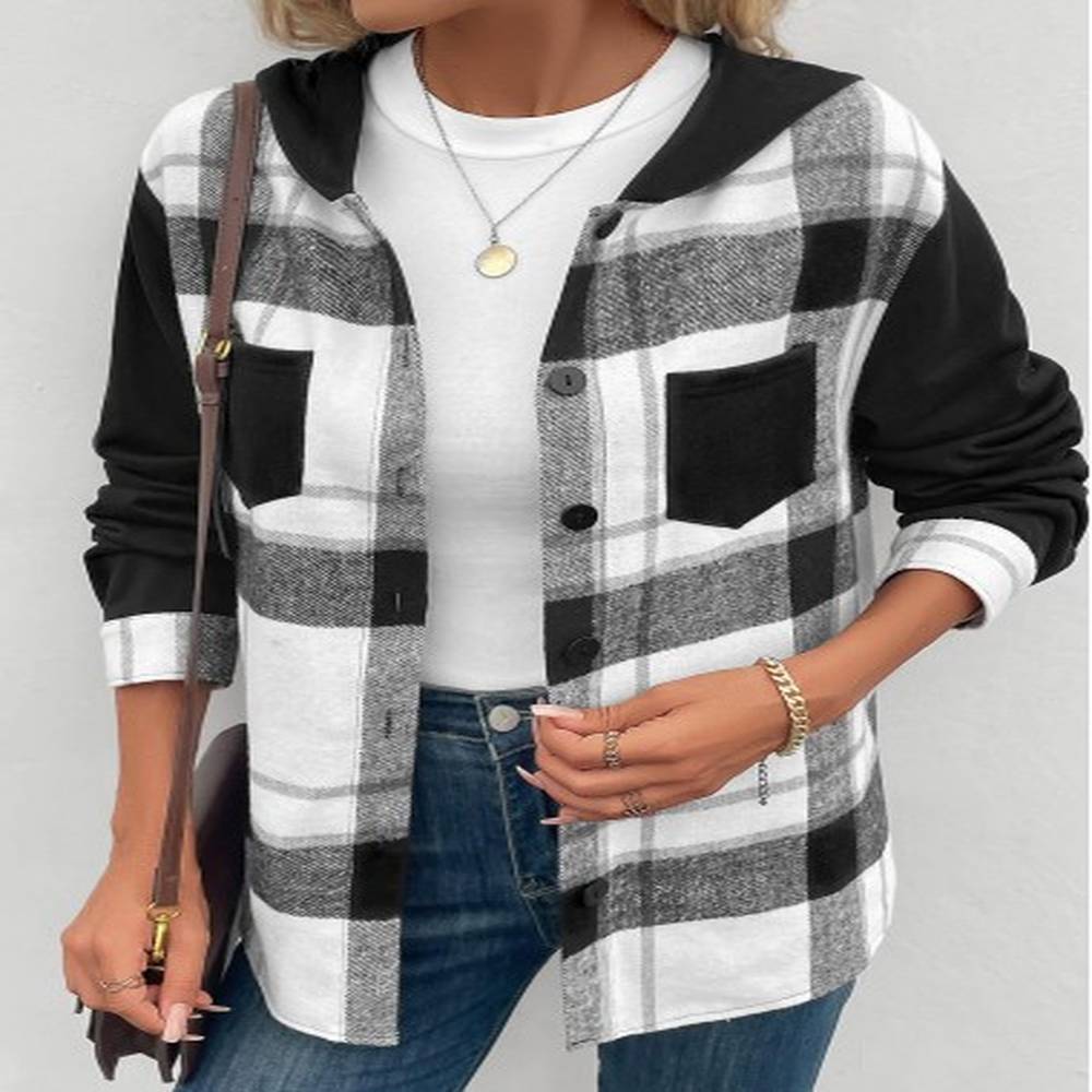 modlily black patchwork plaid long sleeve hooded coat m