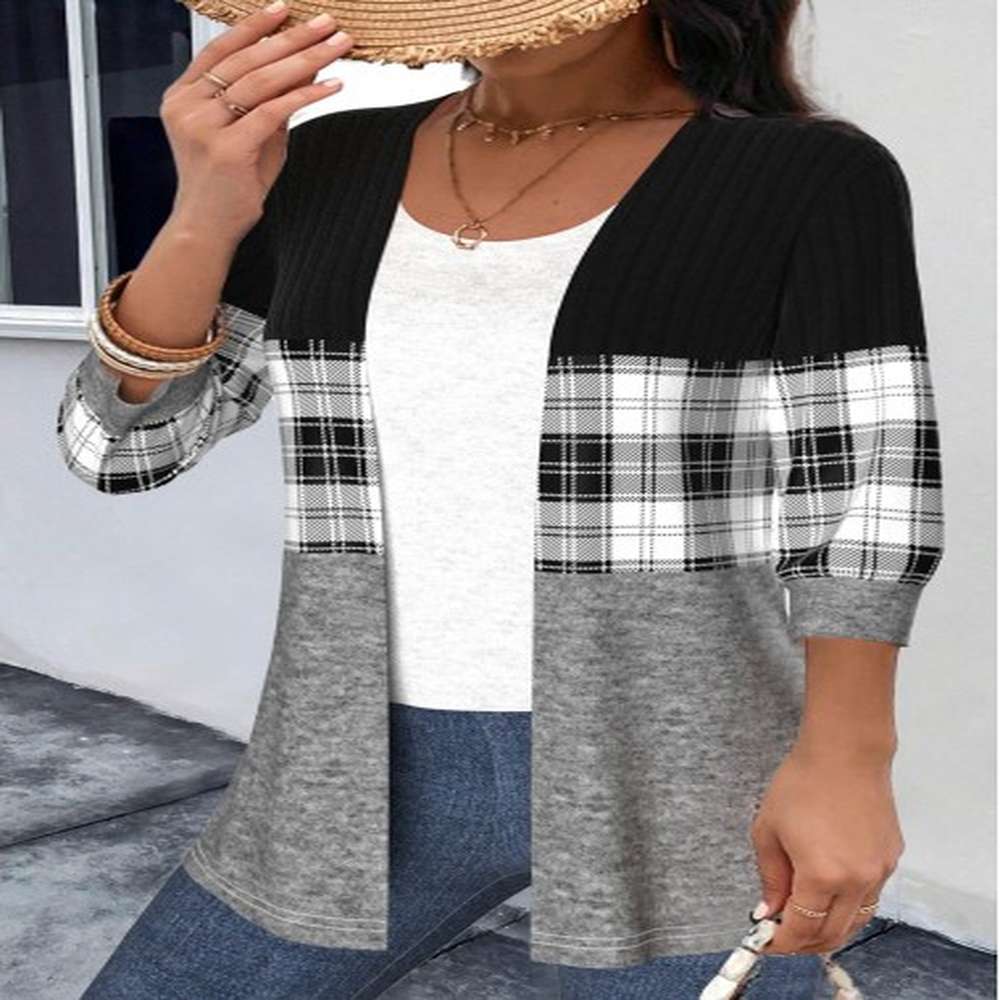 modlily black patchwork plaid sleeve round neck light cardigan