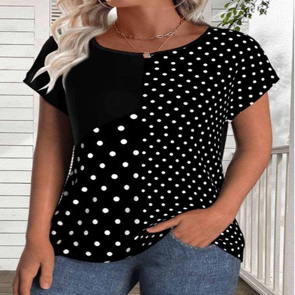 modlily black patchwork polka dot short sleeve t shirt