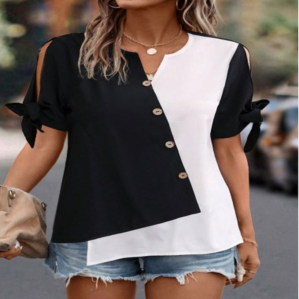 modlily black patchwork short sleeve split neck blouse s