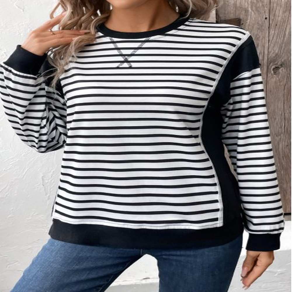 modlily black patchwork striped long sleeve round neck sweatshirt
