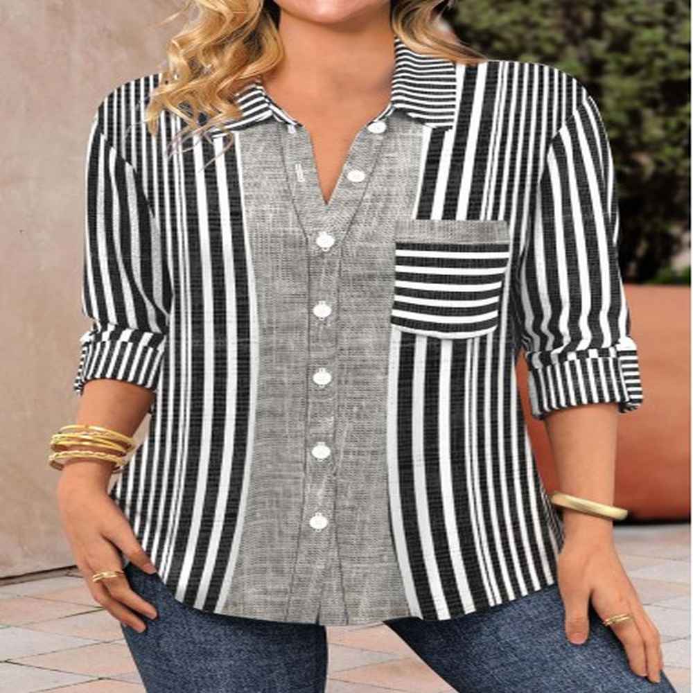 modlily black patchwork striped long sleeve shirt collar blouse
