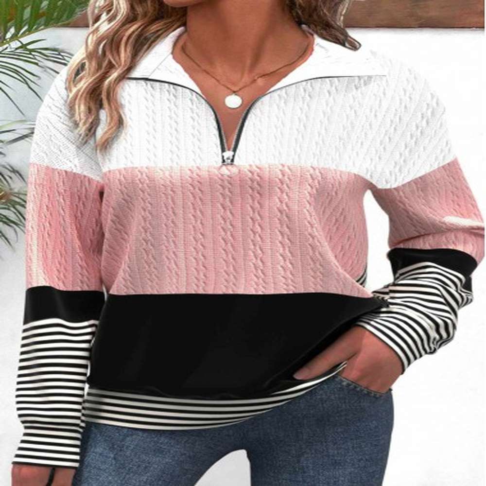 modlily black patchwork striped long sleeve turn down collar sweatshirt