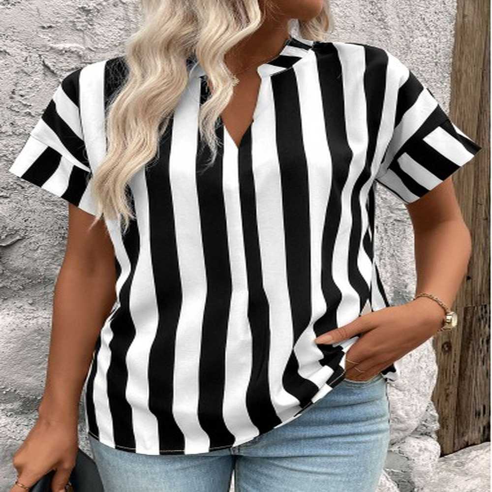 modlily black patchwork striped short sleeve split neck blouse
