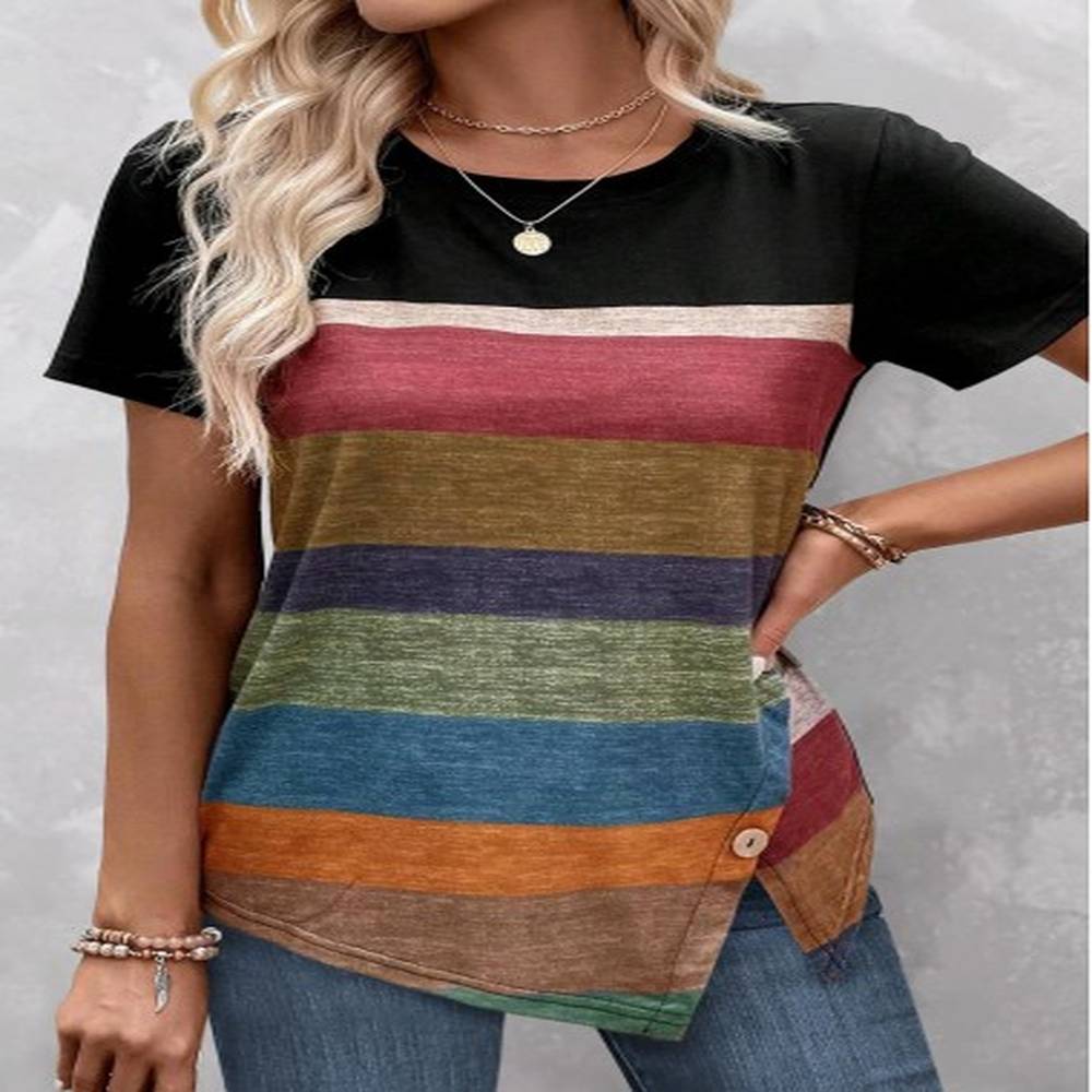 modlily black patchwork striped short sleeve t shirt xxl