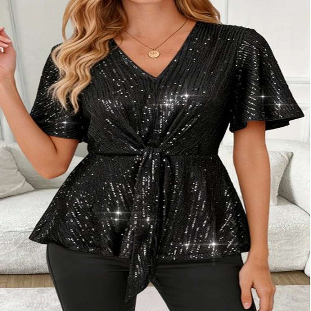 modlily black peplum short sleeve v neck blouse xl