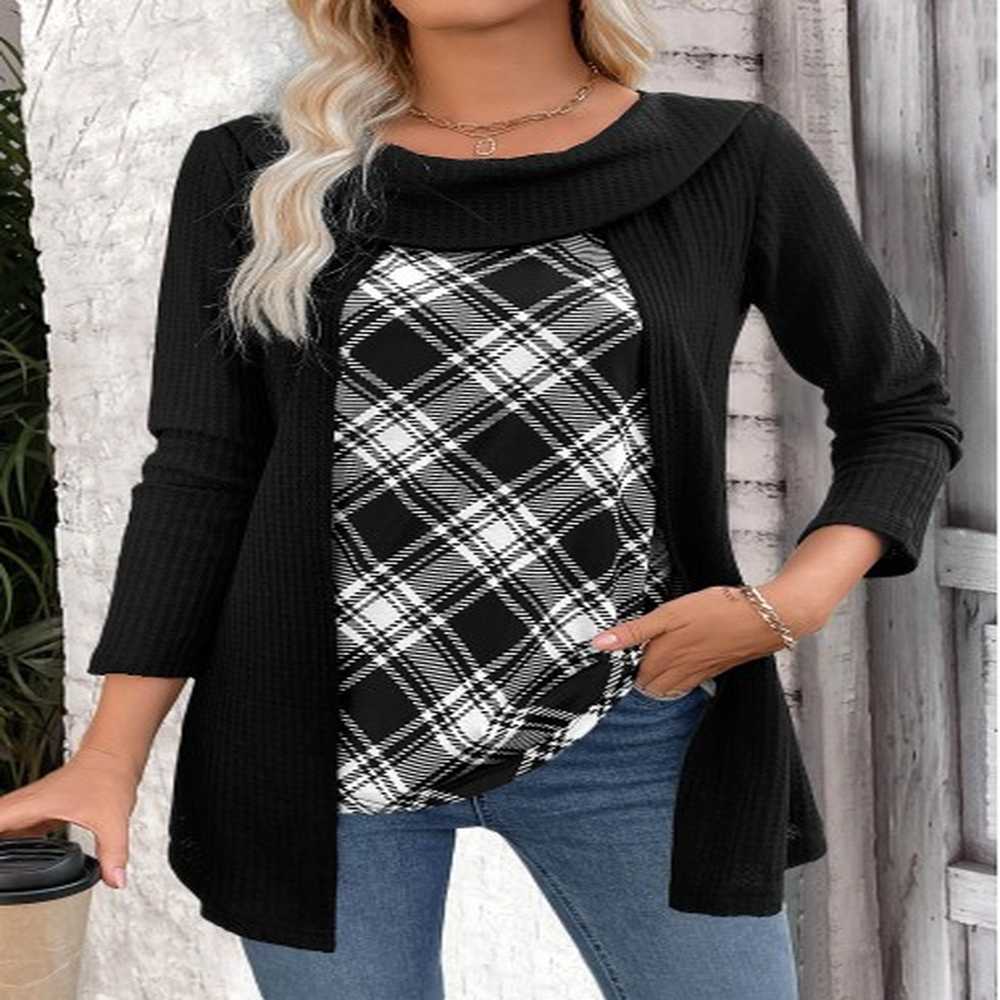 modlily black plaid long sleeve fake two piece twinset