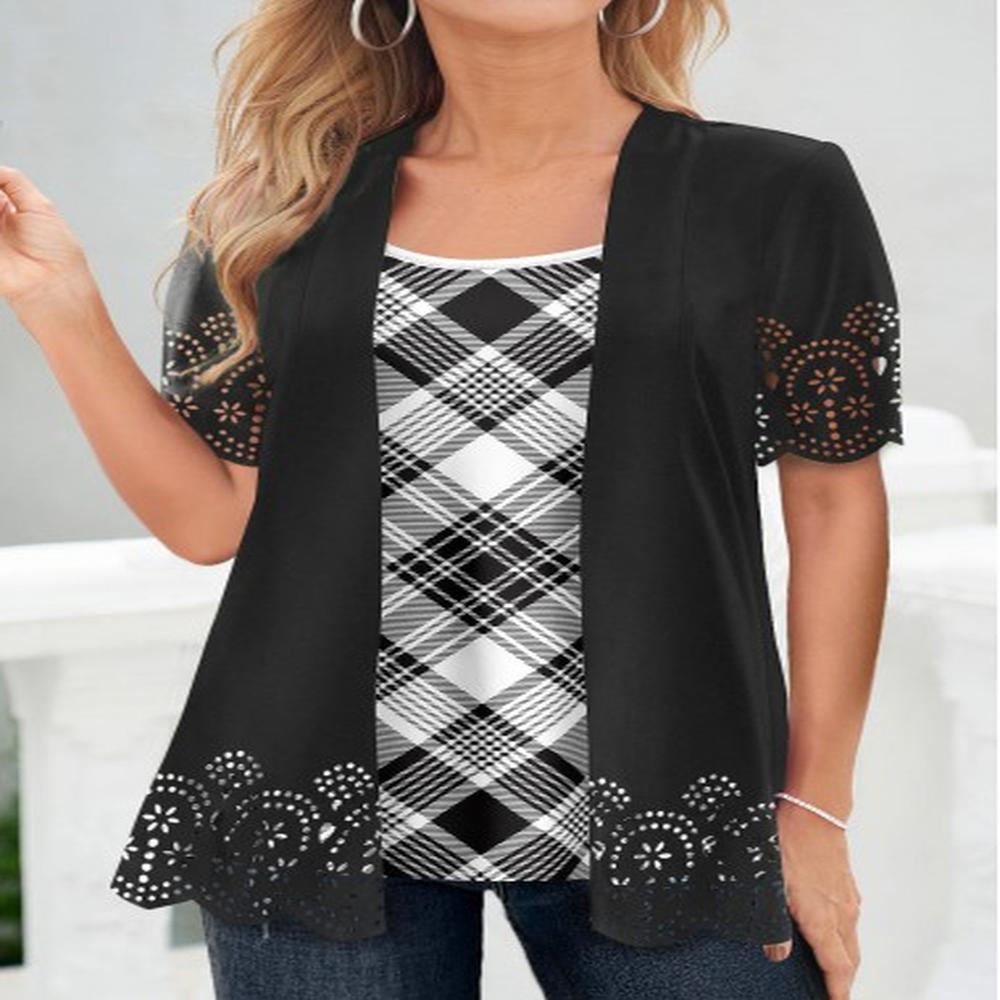 modlily black plaid short sleeve fake two piece twinset