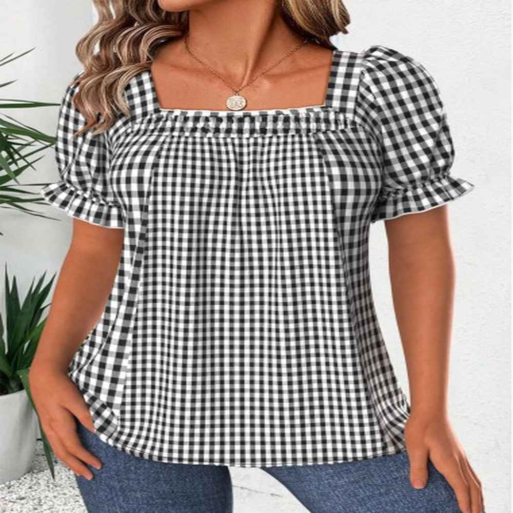 modlily black plaid short sleeve square neck blouse s