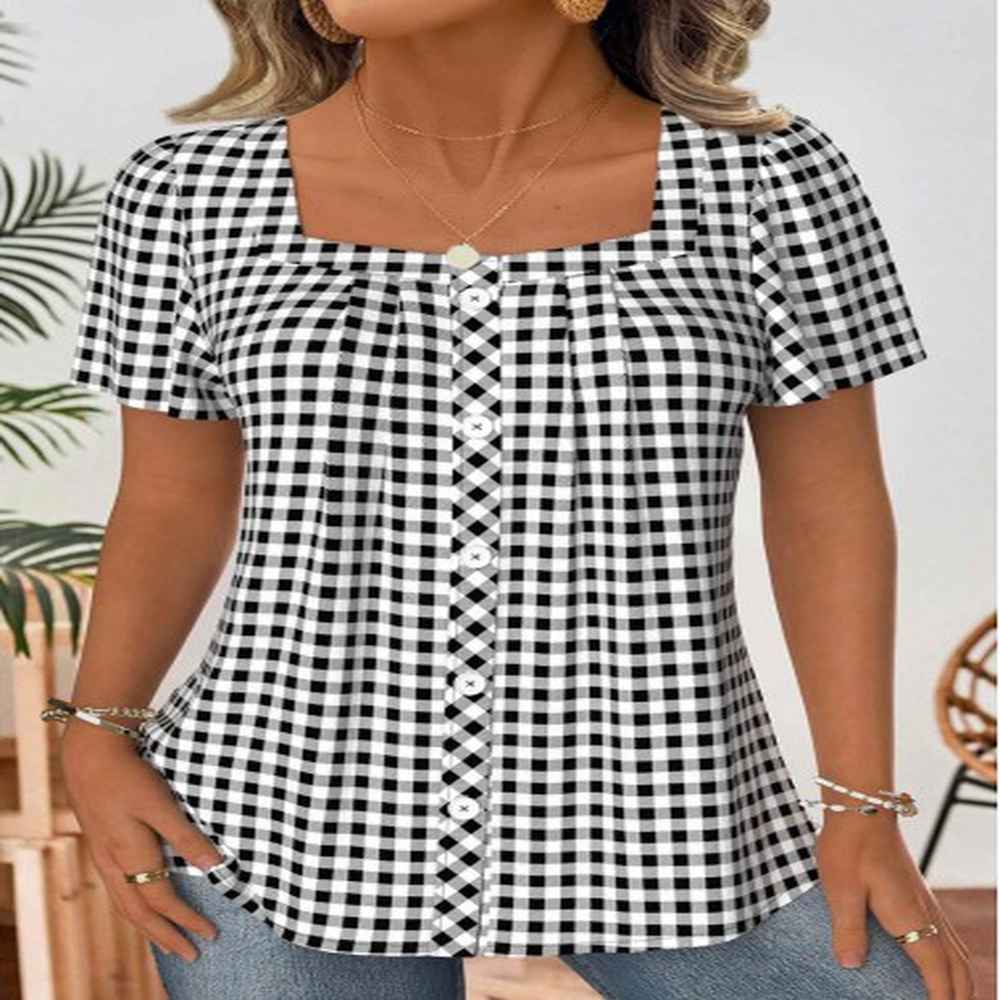 modlily black plaid short sleeve square neck blouse xxl