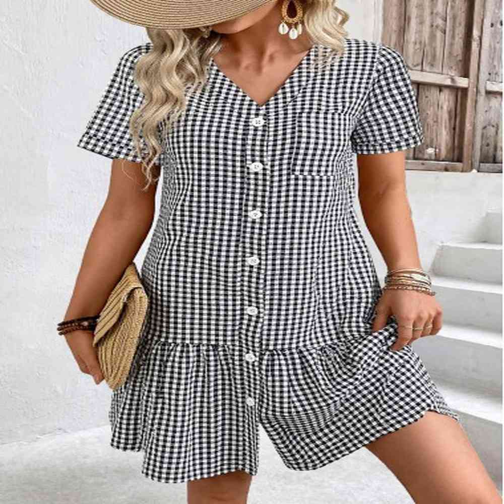 modlily black plaid short sleeve v neck dress s