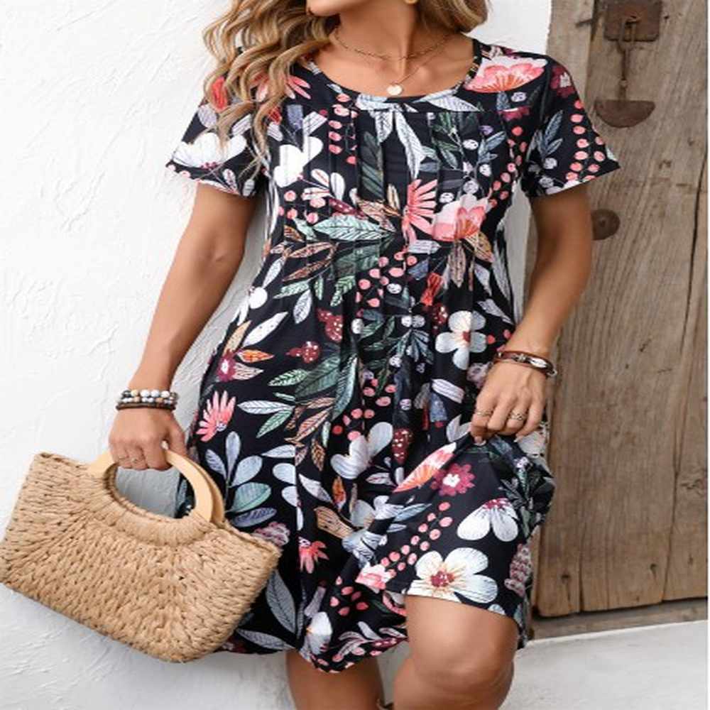 modlily black pocket floral print short sleeve round neck dress