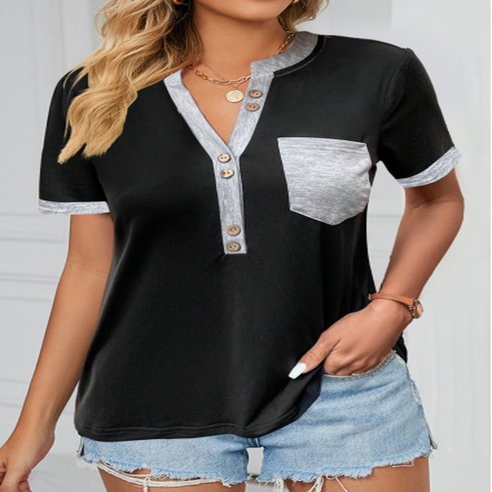 modlily black pocket short sleeve split neck t shirt