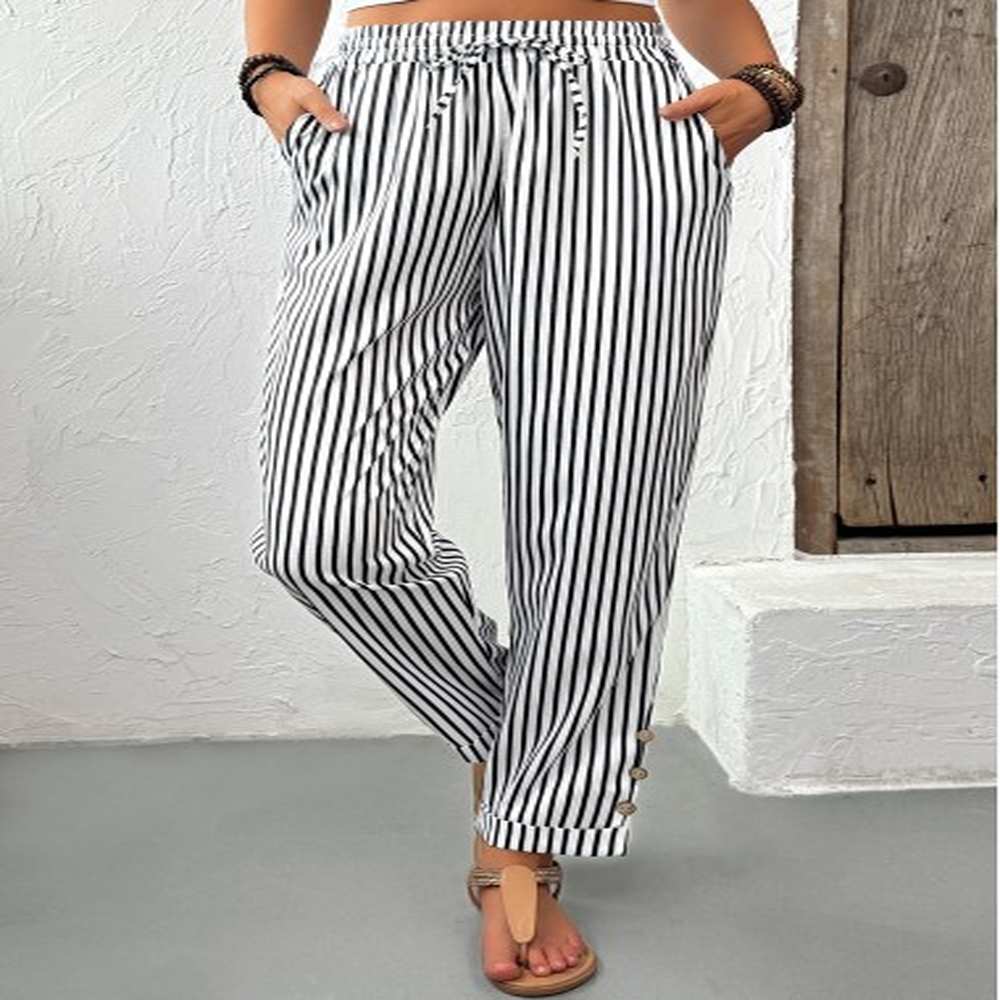 modlily black pocket striped straight leg elastic waist pants