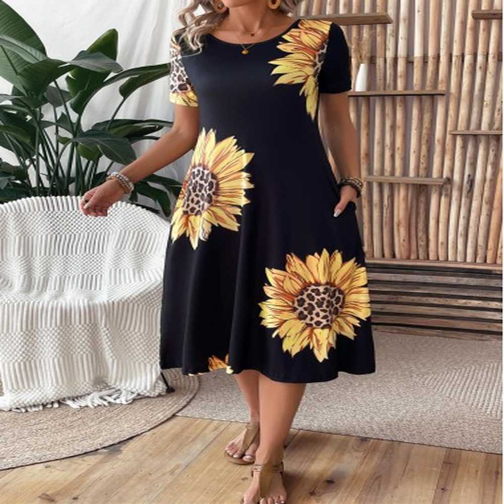 modlily black pocket sunflower print short sleeve round neck dress